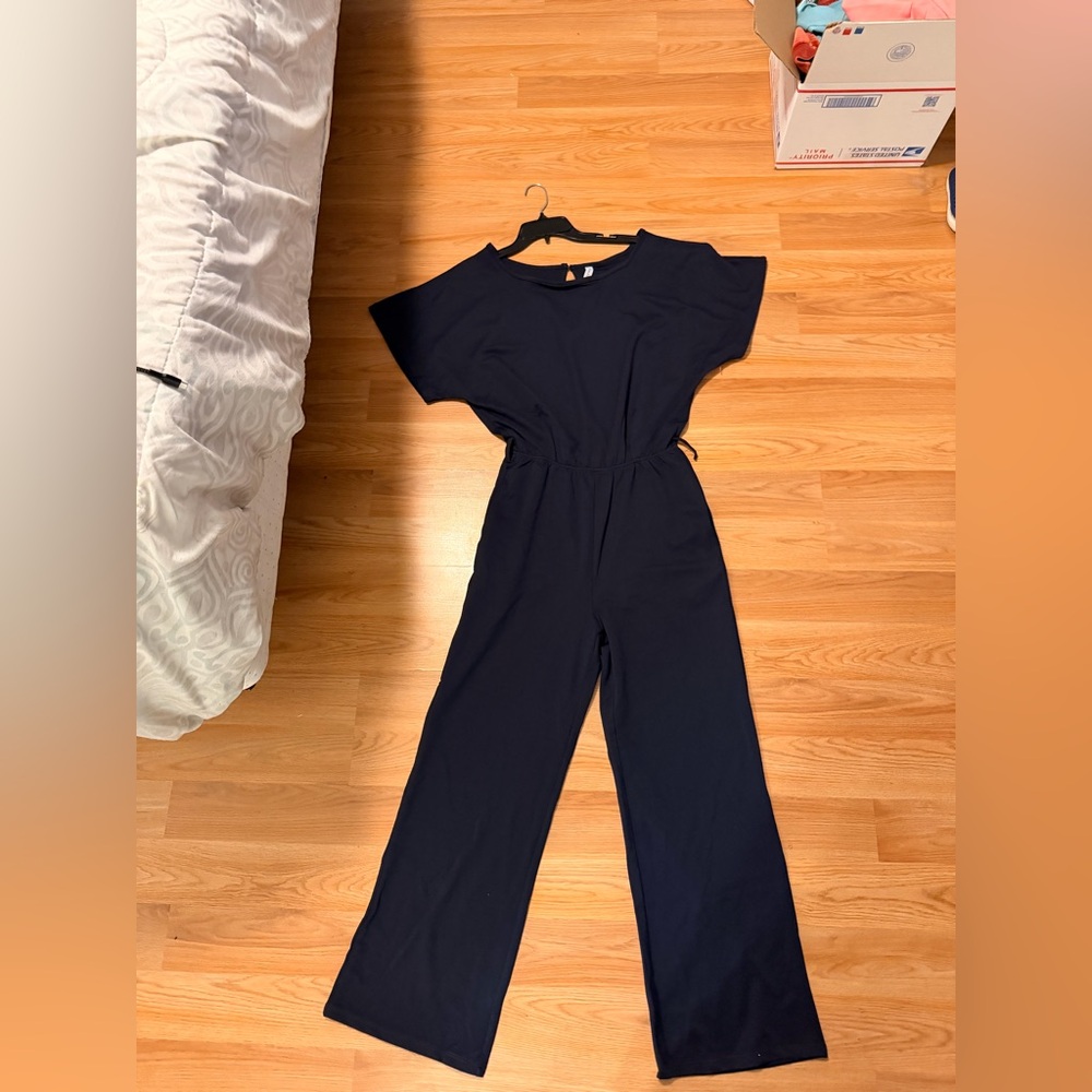 Tickled Teal Navy Wide-Leg Jumpsuit with Elastic Waist